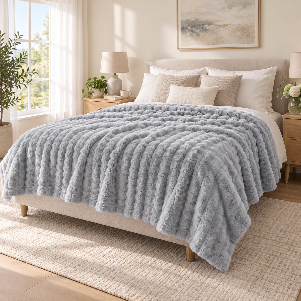 Nalomira light gray plush throw blanket spread on a made bed beside a pillow in a bright furnished bedroom