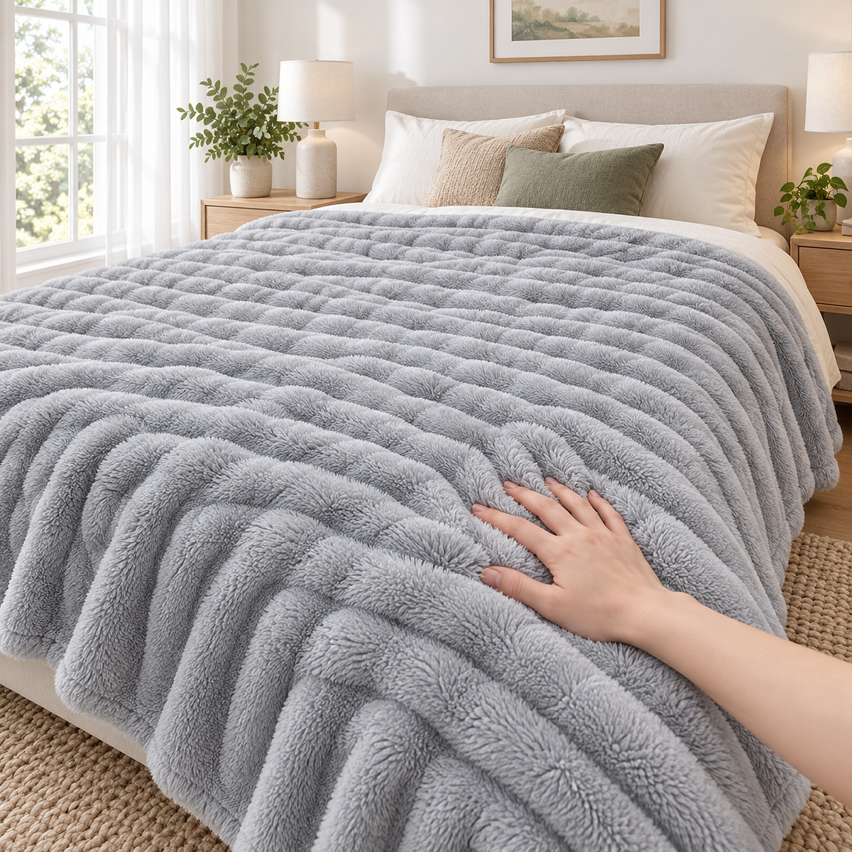 Nalomira light gray soft throw blanket pressed under a hand on the bed showing the ribbed plush surface