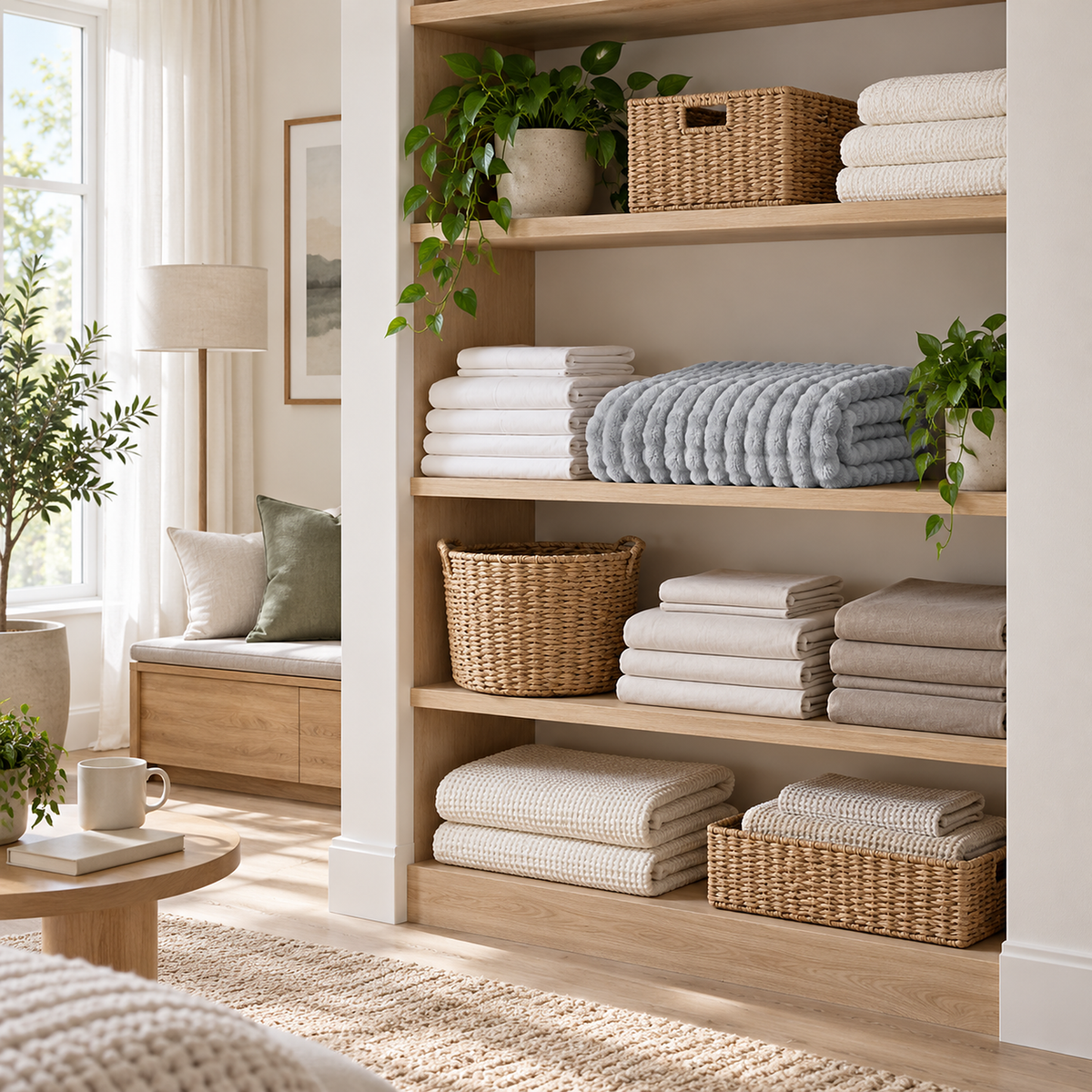 Nalomira light gray throw blanket folded on an open closet shelf beside a woven basket