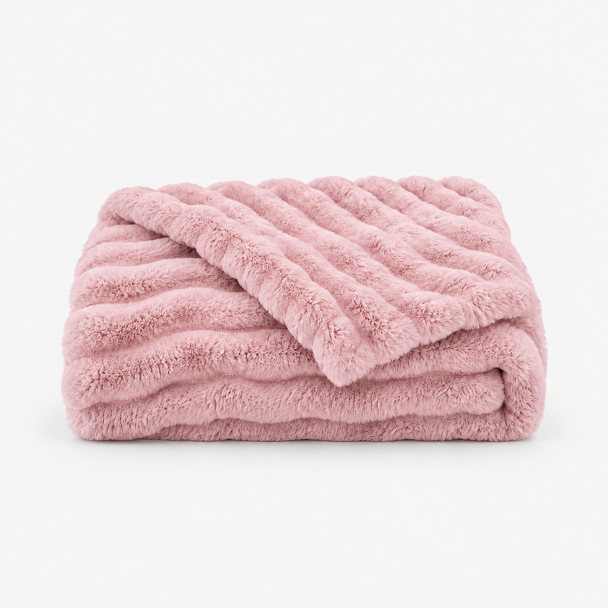 Nalomira pink plush fleece blanket folded on white to show the striped ribbed surface #color_pink