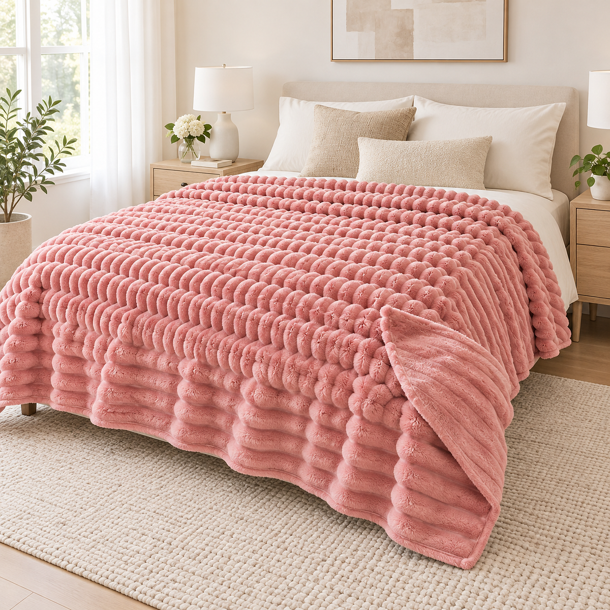 Nalomira pink throw blanket spread over neutral bedding on a made bed in a bright bedroom #color_pink