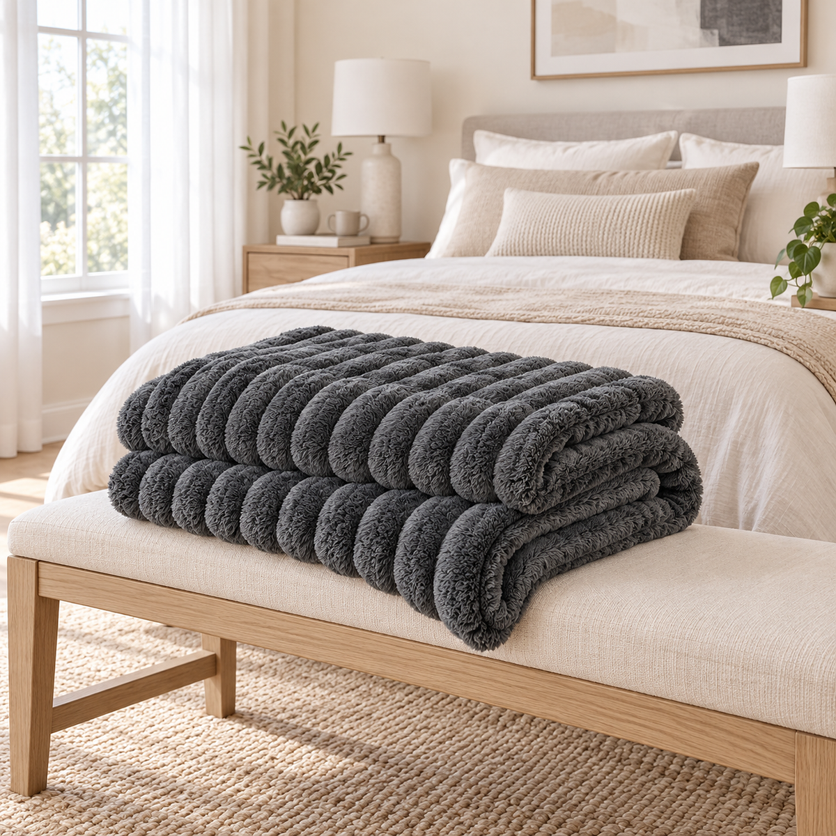 Nalomira space gray soft throw blanket loosely folded on a bench in the bedroom #color_space gray