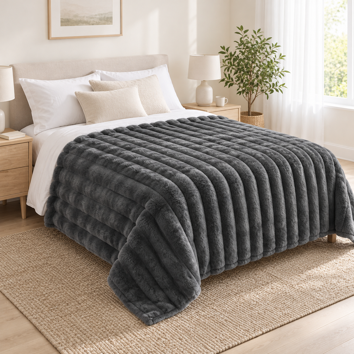 Nalorema gray fleece throw blanket spread over a white upholstered twin bed in a bright bedroom #color_gray