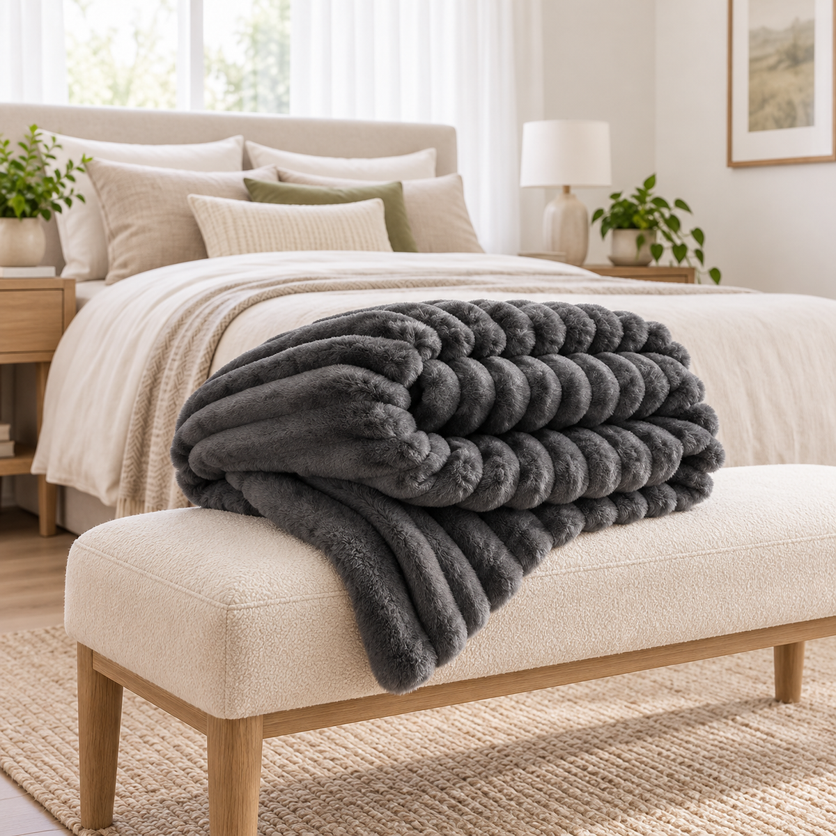 Nalorema gray throw blanket folded within reach on a bedroom bench #color_gray