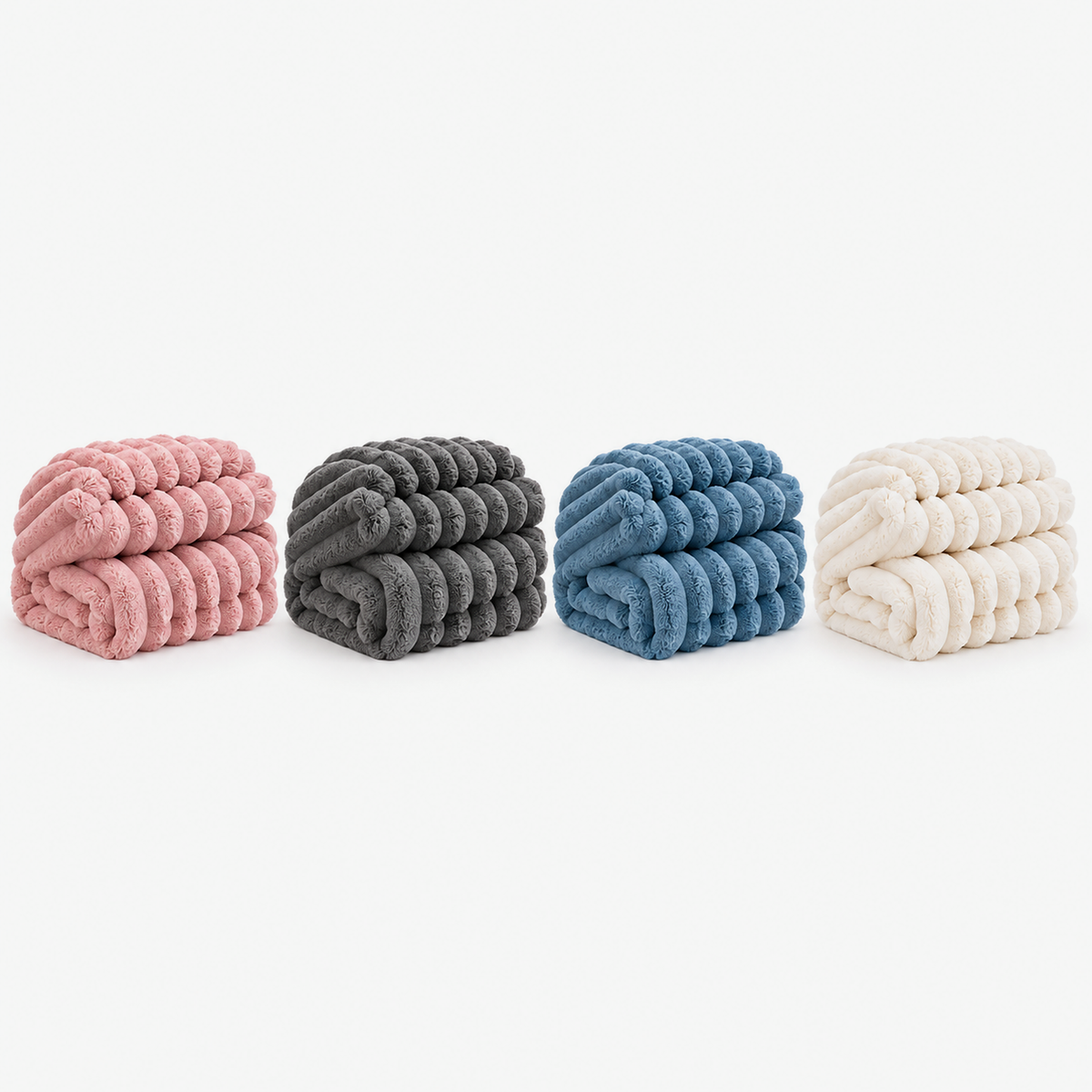 Nalorema plush fleece blankets folded together in soft pink, gray, ocean blue and ivory white