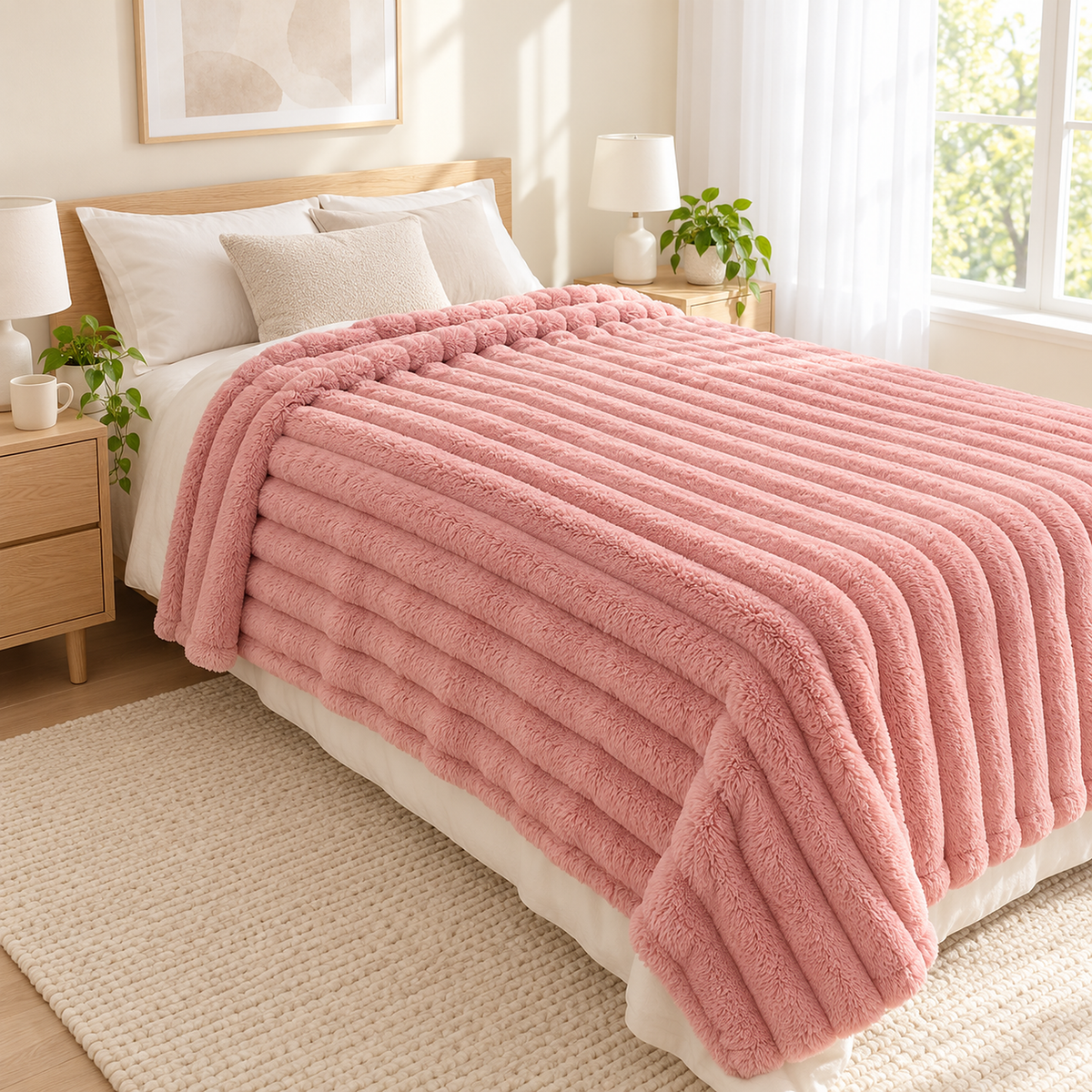 Nalorema plush throw blanket in soft pink resting beside the pillows of a furnished bedroom in morning daylight