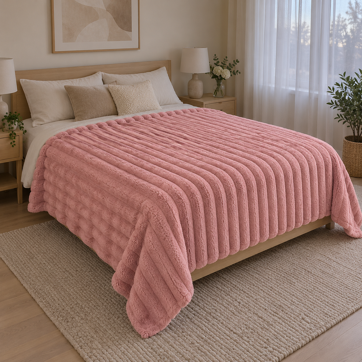 Nalorema soft pink plush fleece blanket in a larger size hanging beyond a queen mattress in a guest bedroom