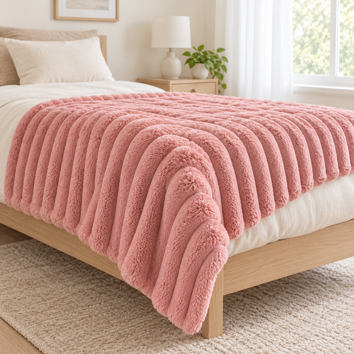 Nalorema soft pink plush throw blanket in coral fleece draped over the bed