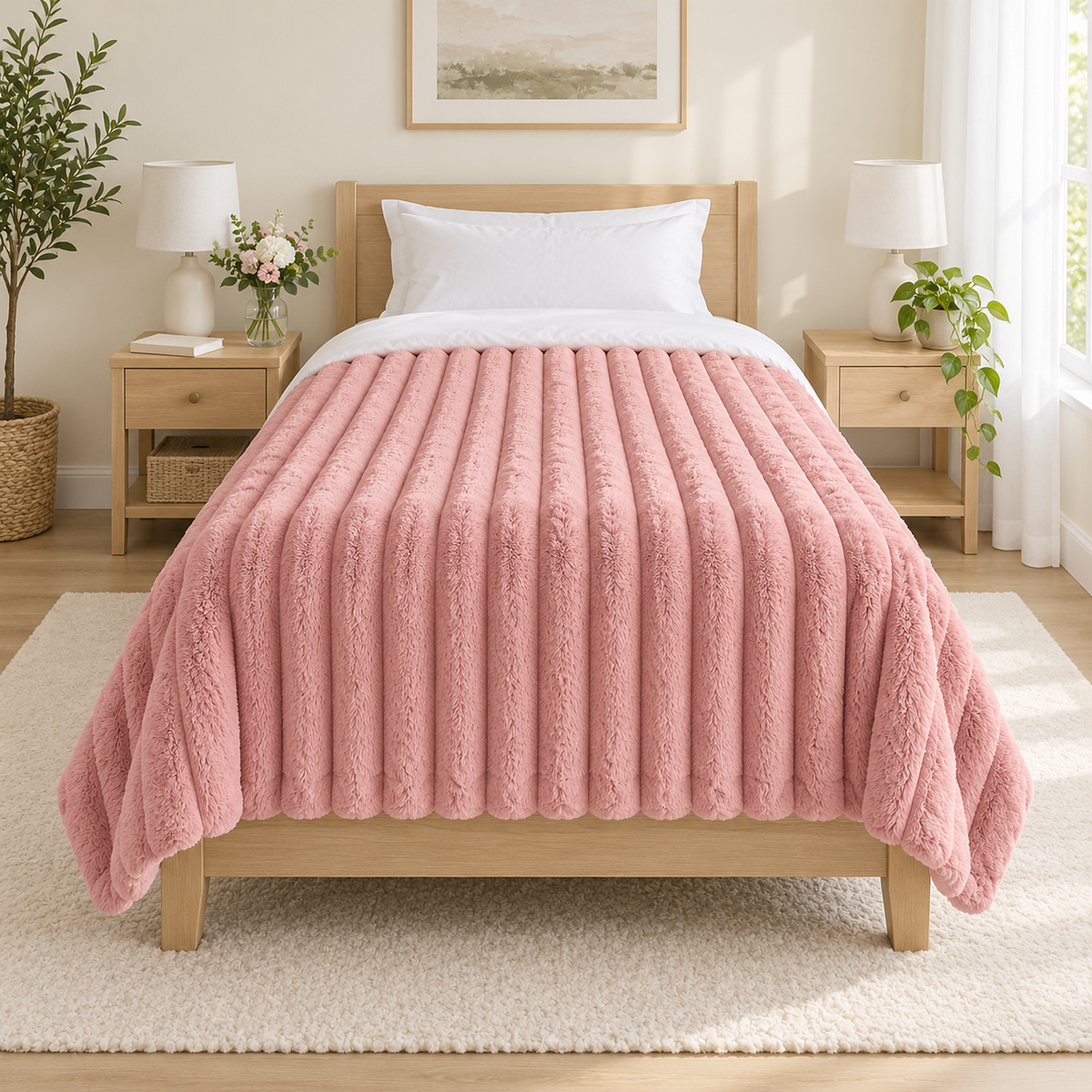 Nalorema soft pink throw blanket spread across a twin bed to show its coverage of the mattress