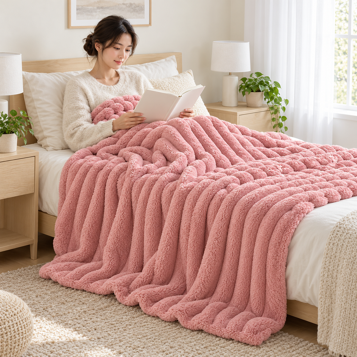 Nalorema soft throw blanket in soft pink drawn up over the lap while reading in bed