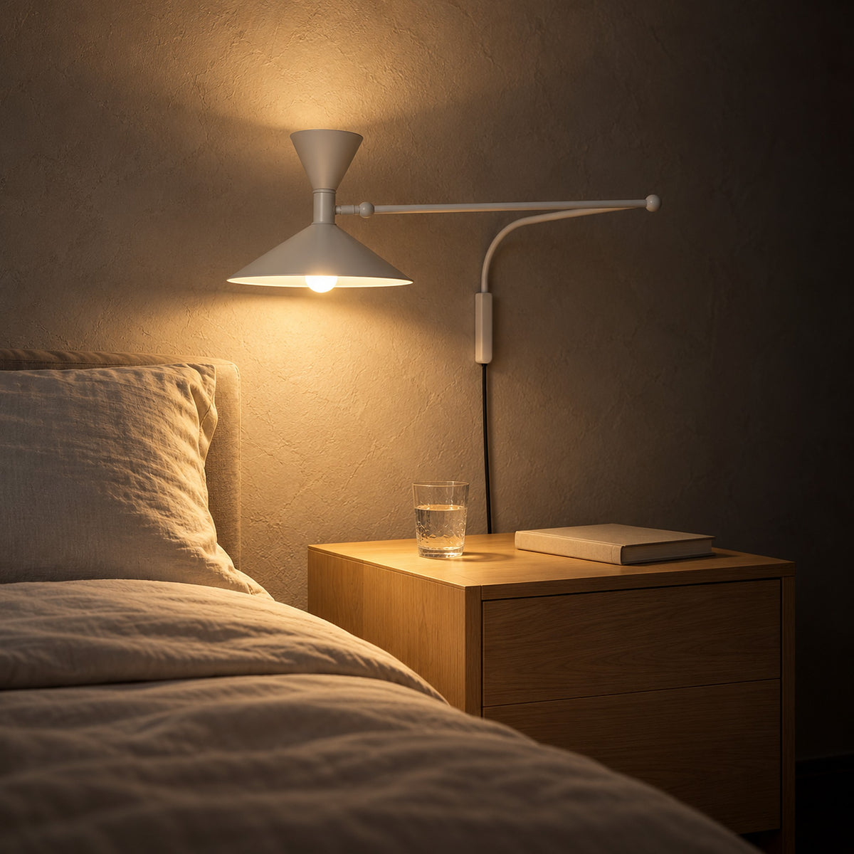 Nalveto white bedside wall light casting warm light across a primary bedroom at night