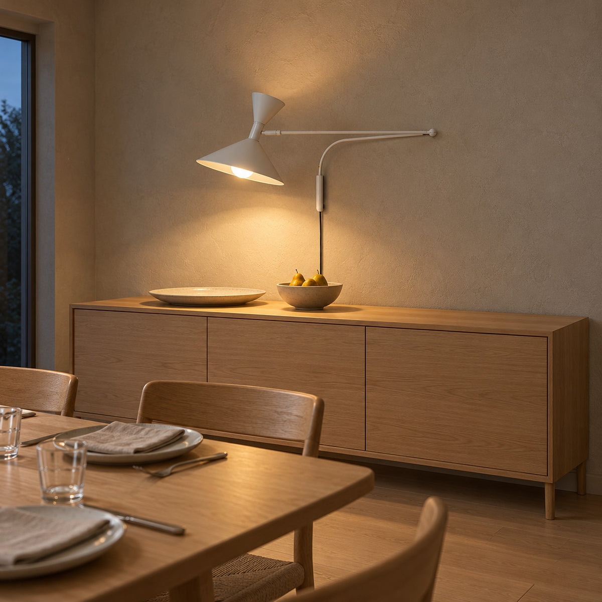 Nalveto white plug in wall light above a dining room sideboard kept clear for serving