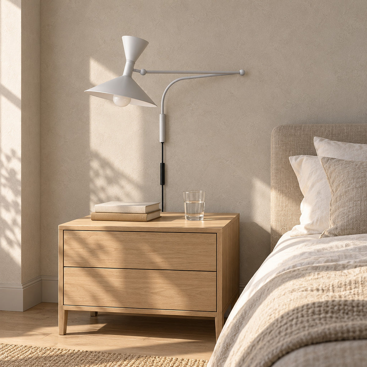 Nalveto white plug in wall light, unlit by day, leaving the primary bedroom nightstand free