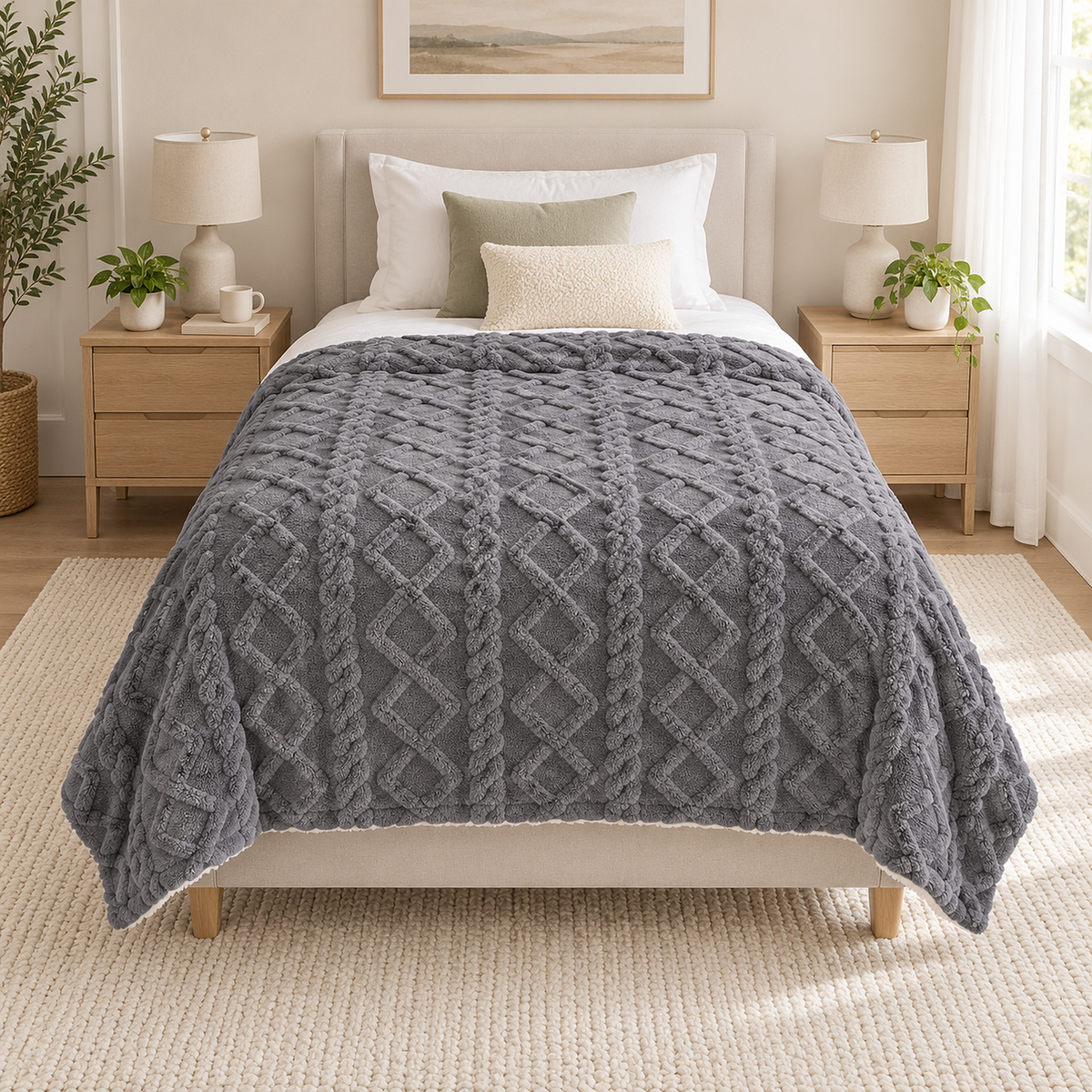 Narelvo charcoal fleece throw blanket spread across a made twin bed in daylight