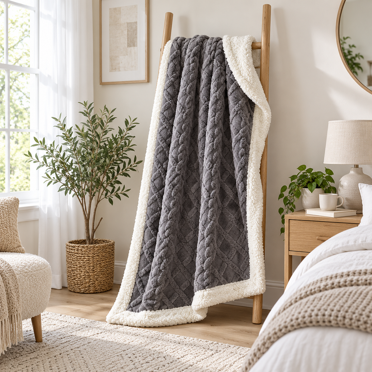 Narelvo charcoal reversible sherpa blanket turned back to reveal its white curly reverse in a bright bedroom corner