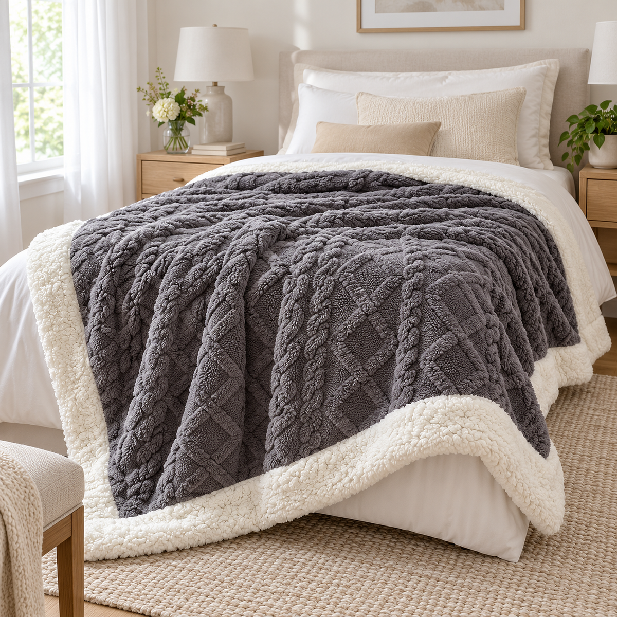 Narelvo charcoal reversible sherpa blanket with the white curly pile reverse folded over at the bedside