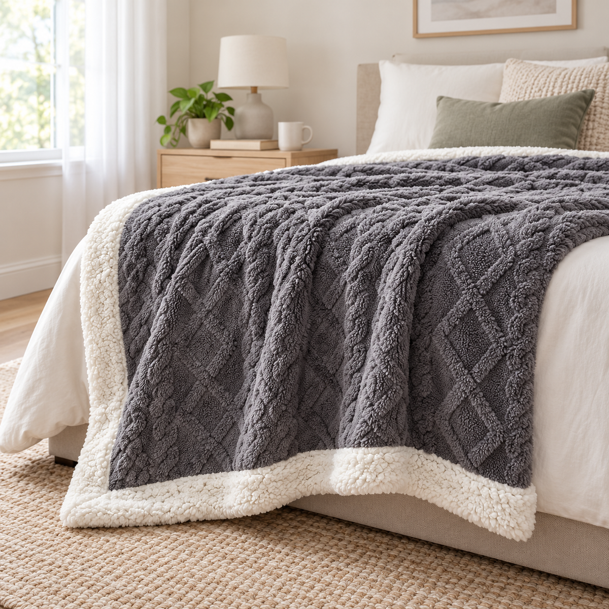 Narelvo charcoal sherpa throw blanket hanging over the side of a twin bed in daylight