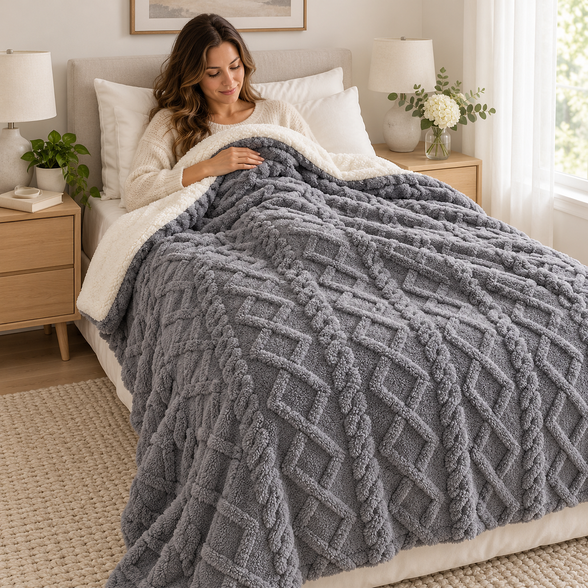 Narelvo charcoal soft throw blanket covering an adult resting in a made bed