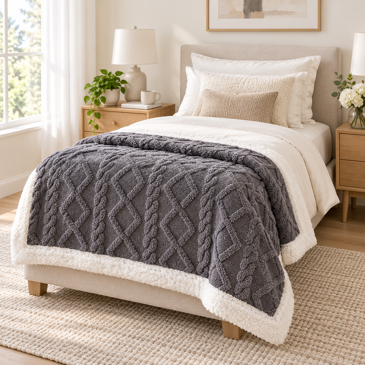 Narelvo charcoal throw blanket folded across the foot of an ivory upholstered twin bed
