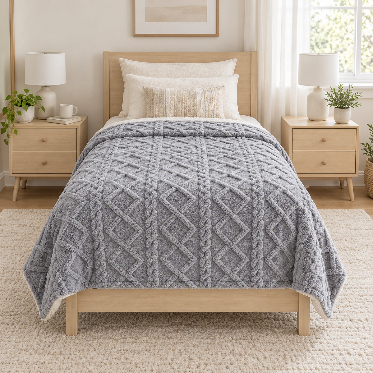 Narelvo charcoal throw blanket spread across a pale birch twin bed with even drops on both sides
