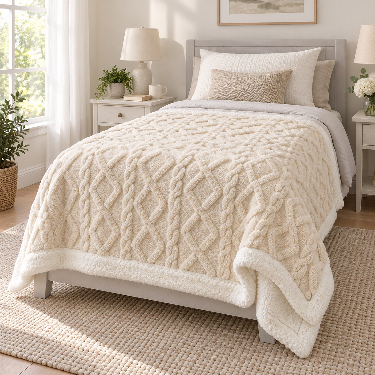 Narelvo creamy white throw blanket spread across a smaller made bed in a daylit bedroom #color_creamy white