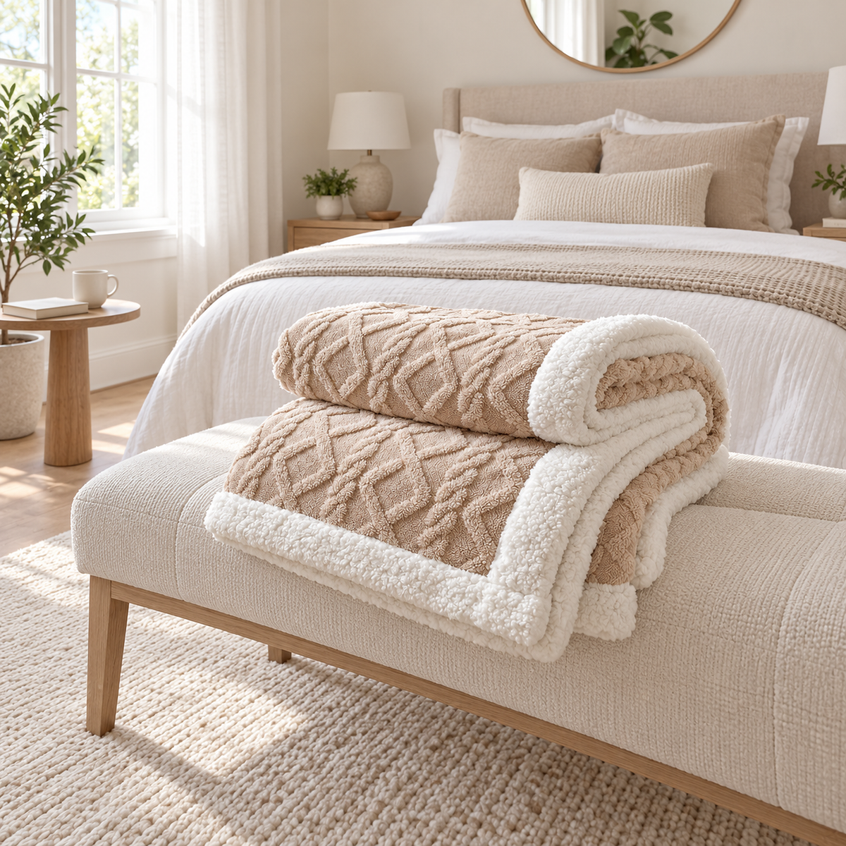 Narelvo latte plush throw blanket folded on a bench in a bedroom dressing nook #color_latte