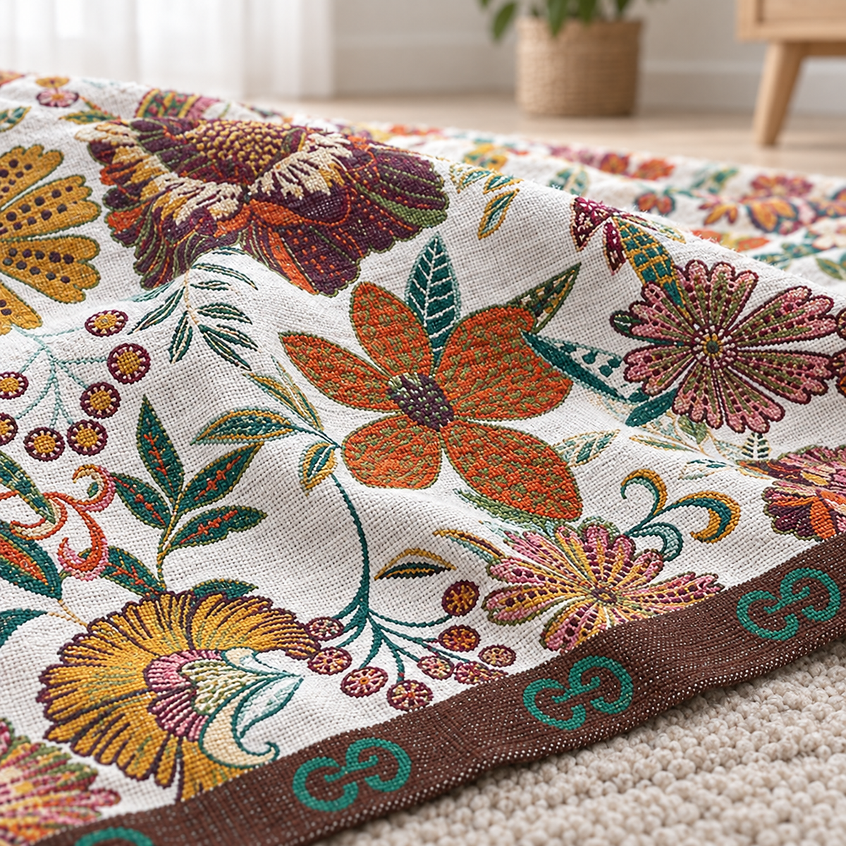 Narvoli cotton throw blanket in multicolor & cotton up close showing yarn texture around an orange flower