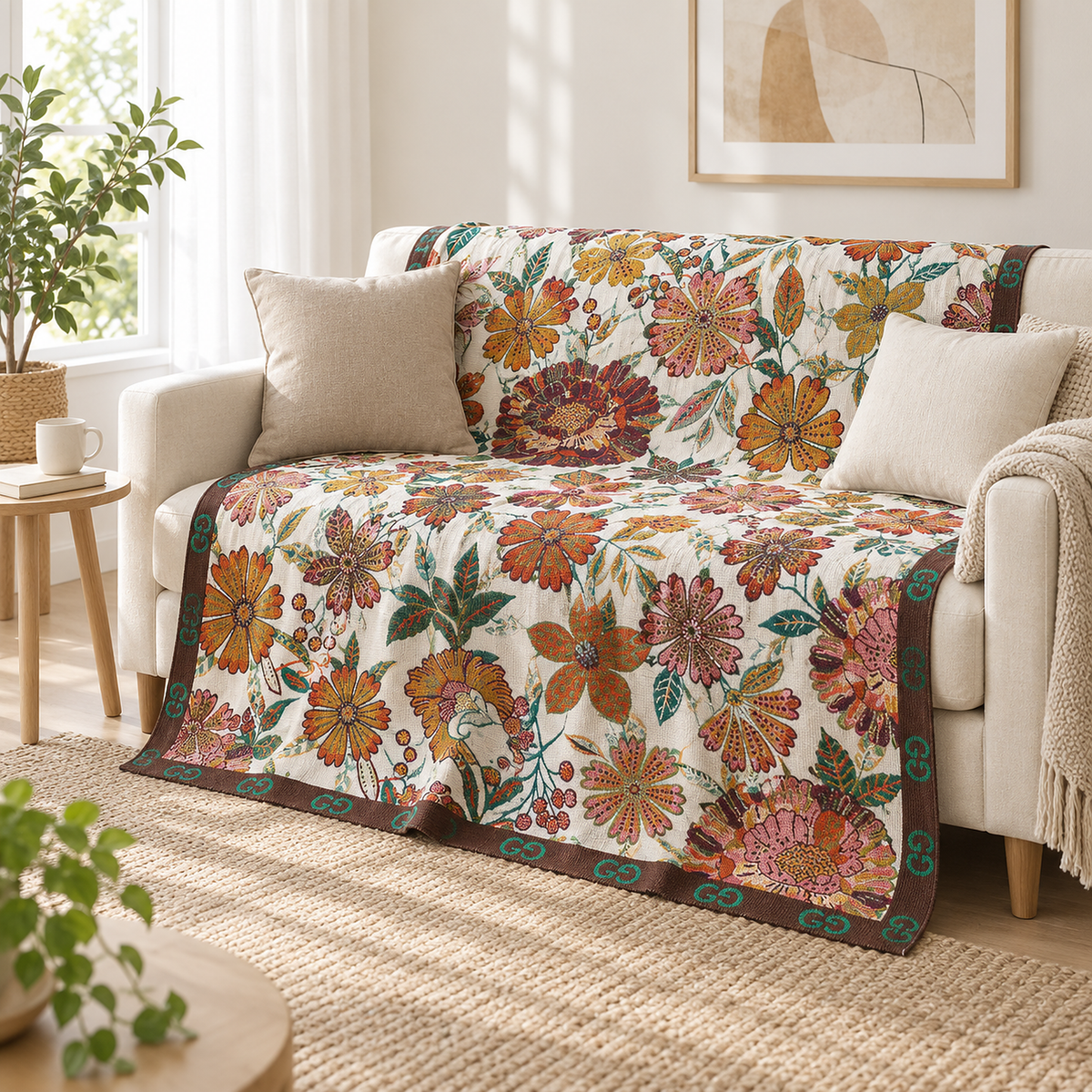Narvoli multicolor & cotton soft throw blanket opened as a floral cover over a compact ivory sofa