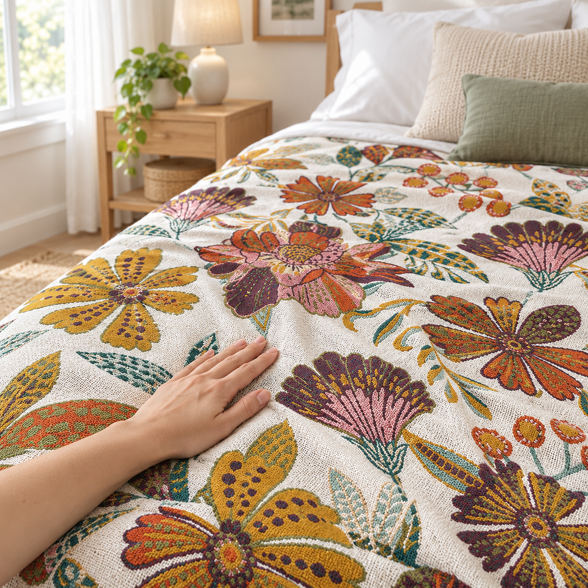 Narvoli throw blanket in multicolor & cotton under a hand smoothing its floral surface on the bed