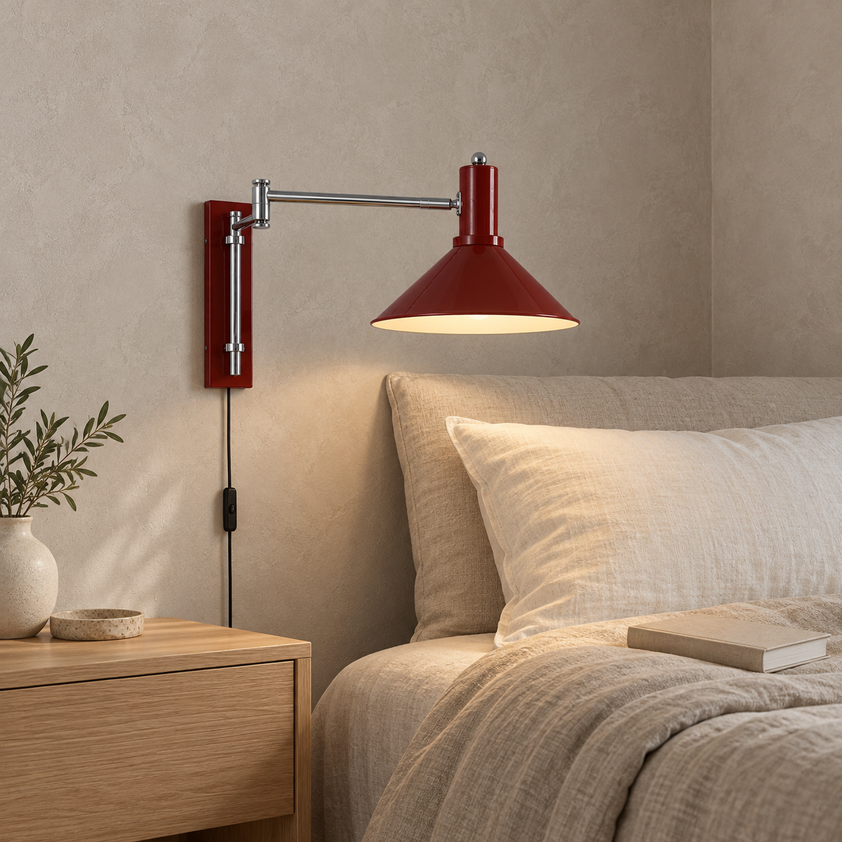Navellir cherry red bedside lamp lit and extended beside a pillow in the primary bedroom #color_cherry red