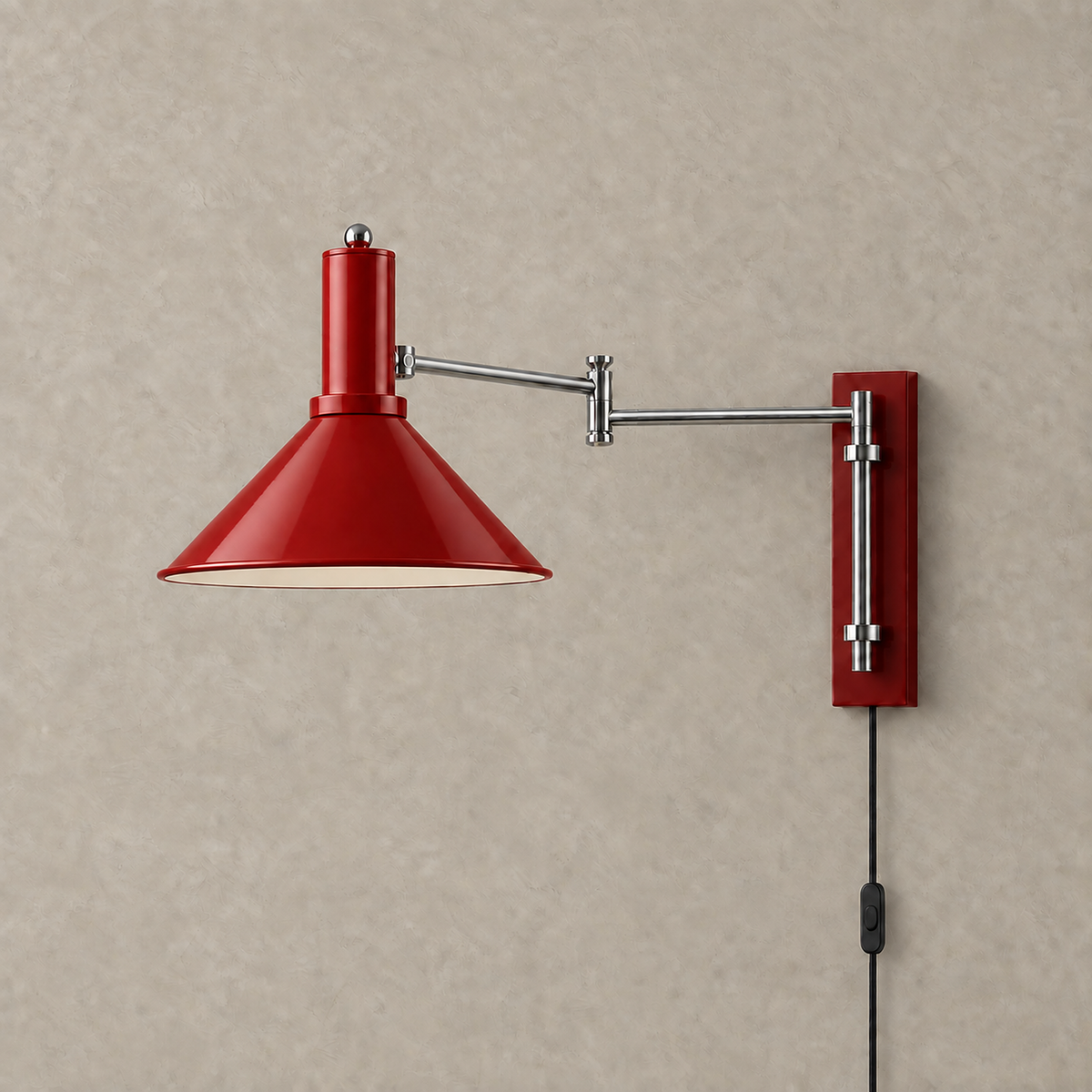 Navellir cherry red swing arm wall sconce unlit with the silver arm folded flat #color_cherry red