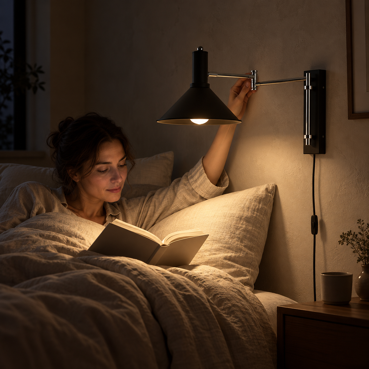 Navellir matte black bedside lamp lighting an open book held in bed at night