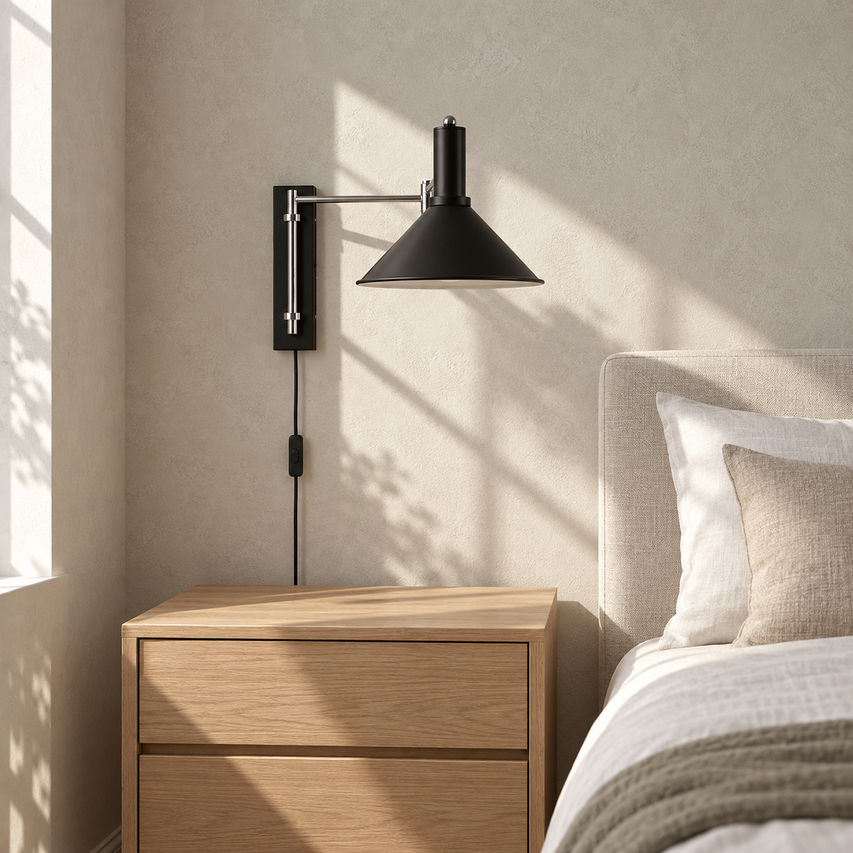 Navellir matte black bedside lamp unlit above a clear cabinet in the guest bedroom