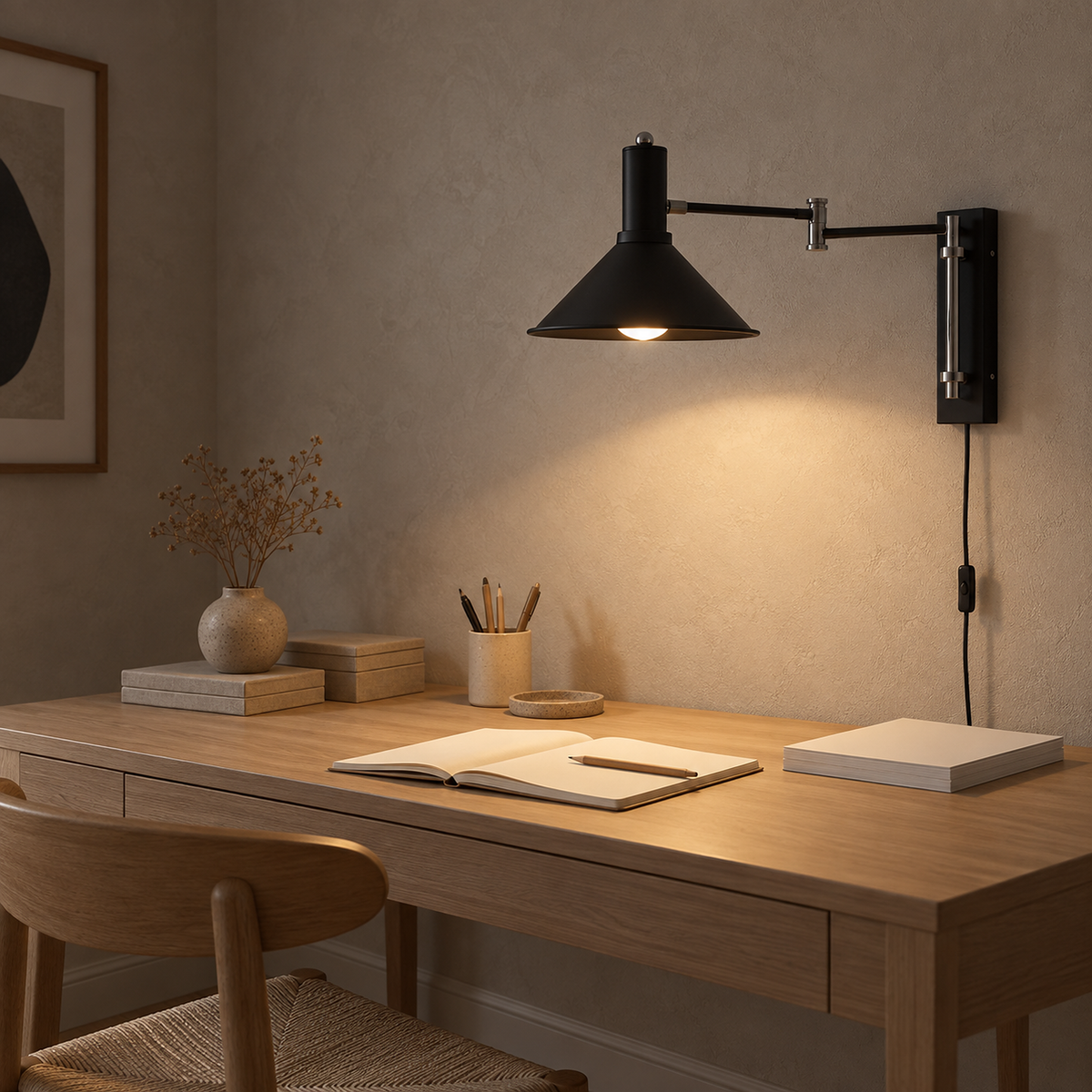 Navellir matte black LED wall sconce holding warm light above a home office desk