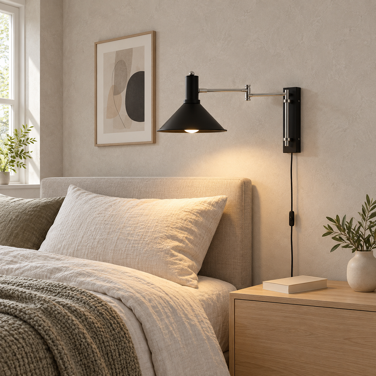 Navellir matte black wall sconce lit with its cord descending to an inline switch