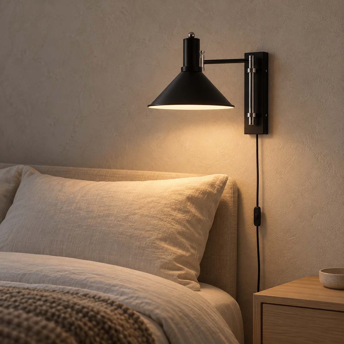 Navellir matte black wall sconce lit with the swing arm folded close beside a made bed