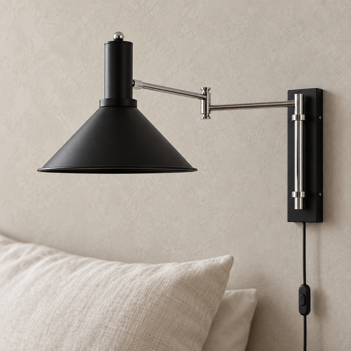 Navellir matte black swing arm wall sconce close up on the cone shade edge and silver joint