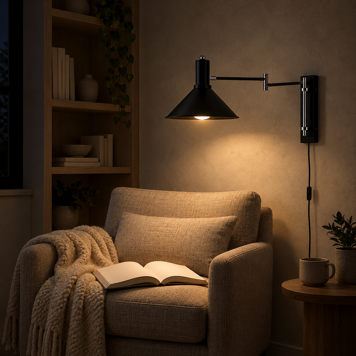 Navellir matte black swing arm wall sconce lighting a tight reading nook after dark