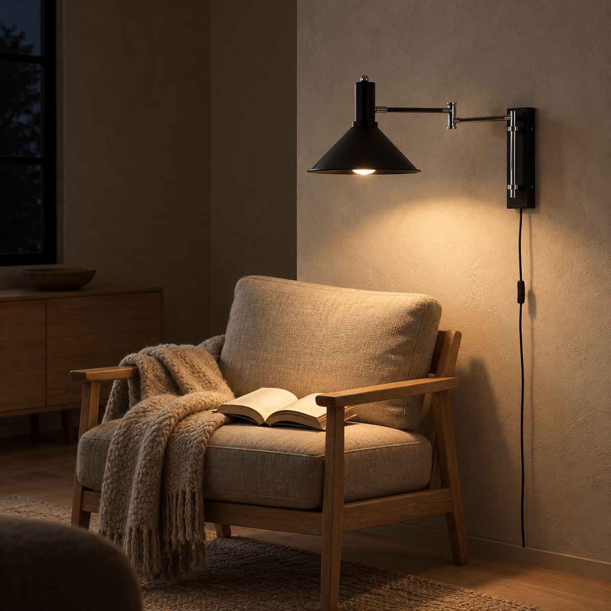 Navellir matte black swing arm wall sconce lit over an open book in the living room after dark
