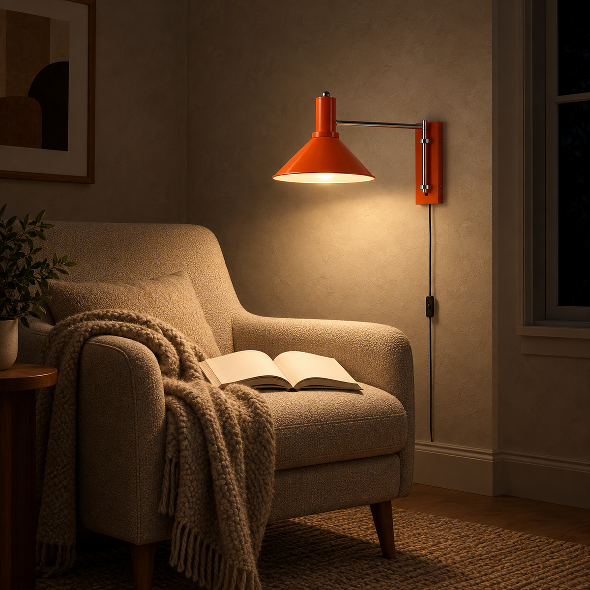 Navellir orange wall sconce casting warm light onto an open book in a library nook #color_orange