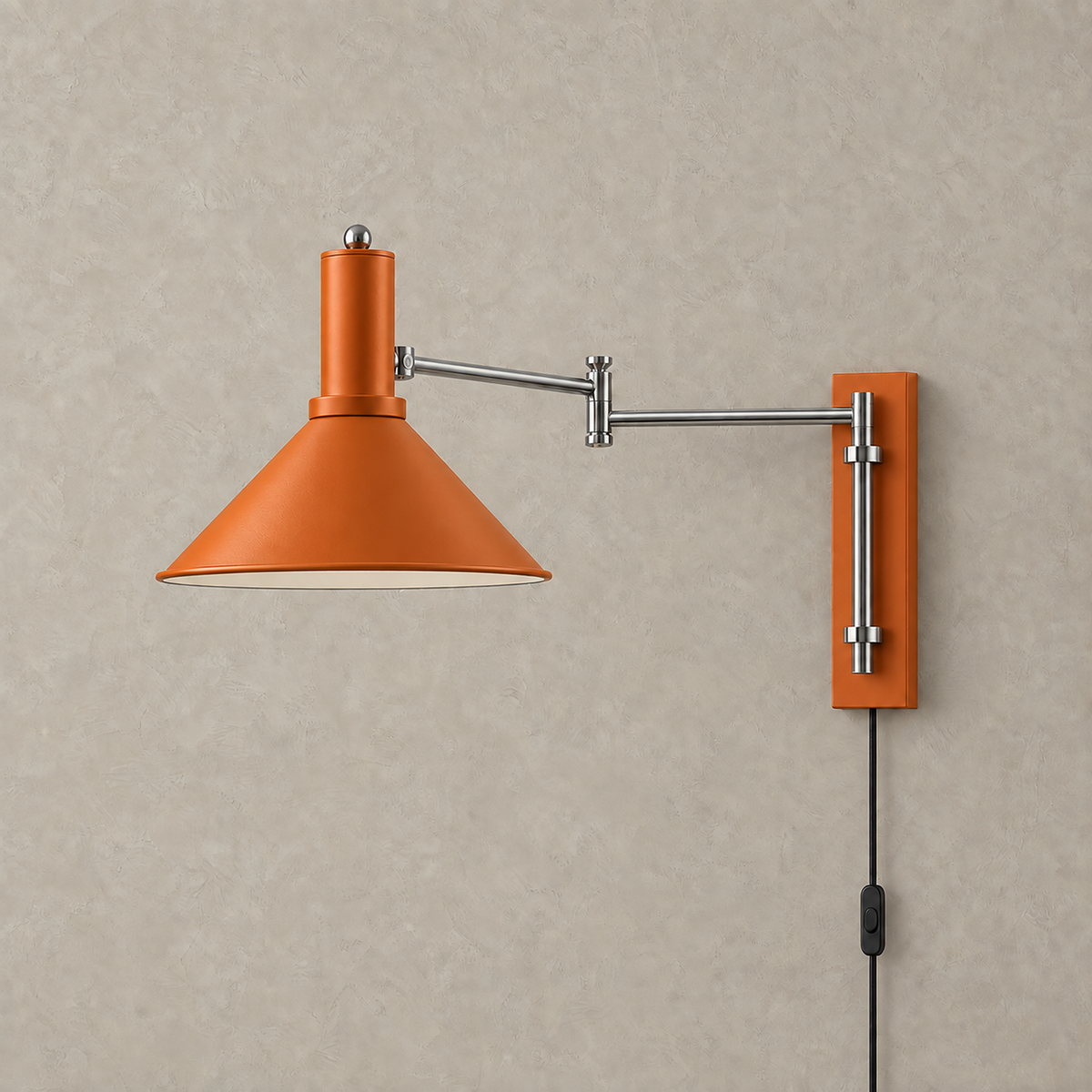 Navellir orange swing arm wall sconce unlit showing the silver arm and rectangular backplate #color_orange