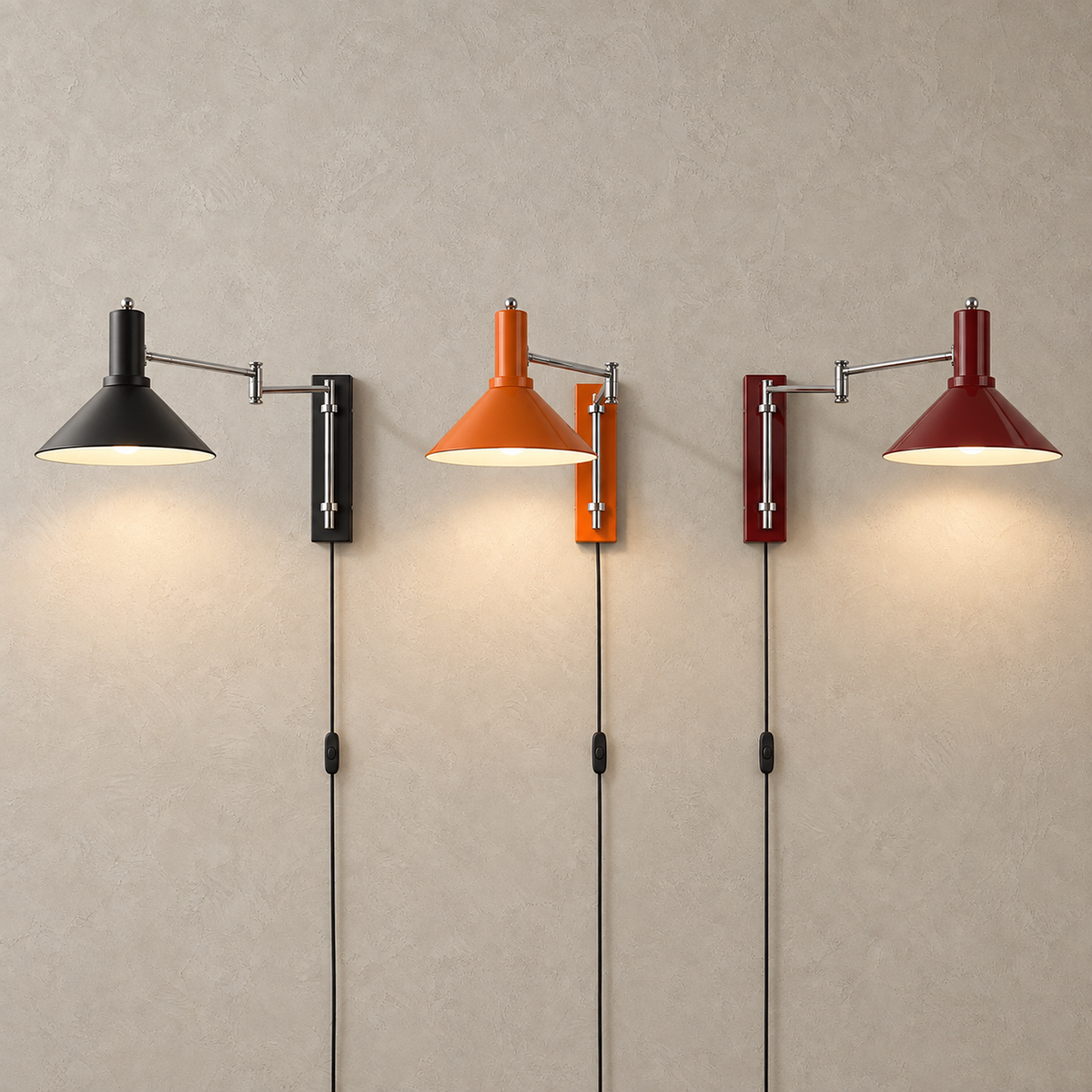 Navellir swing arm wall sconce in matte black, orange and cherry red lit together on one plate