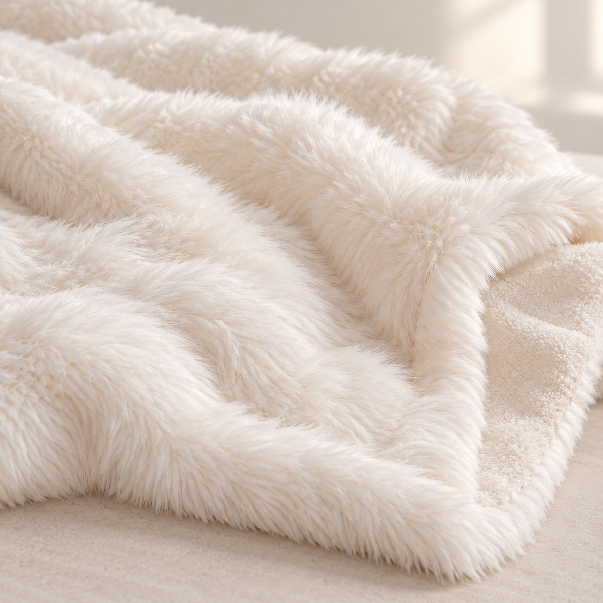 Navorel white faux fur throw blanket close up of long shaggy fibers falling into a natural fold