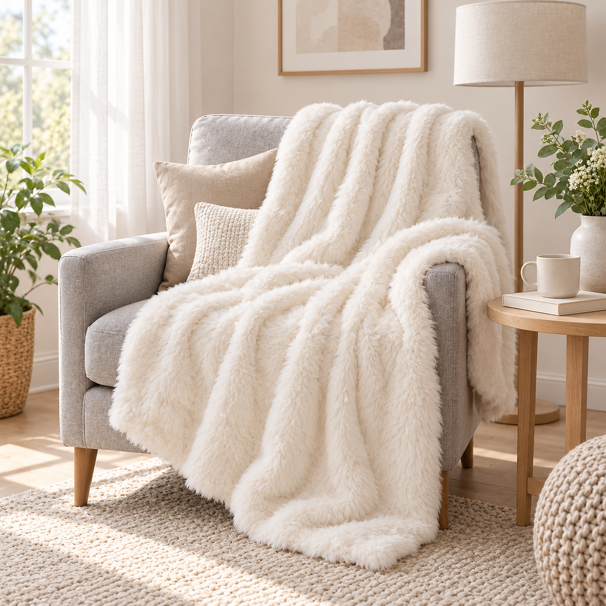Navorel white faux fur throw blanket draped over a light gray armchair in a bright reading corner