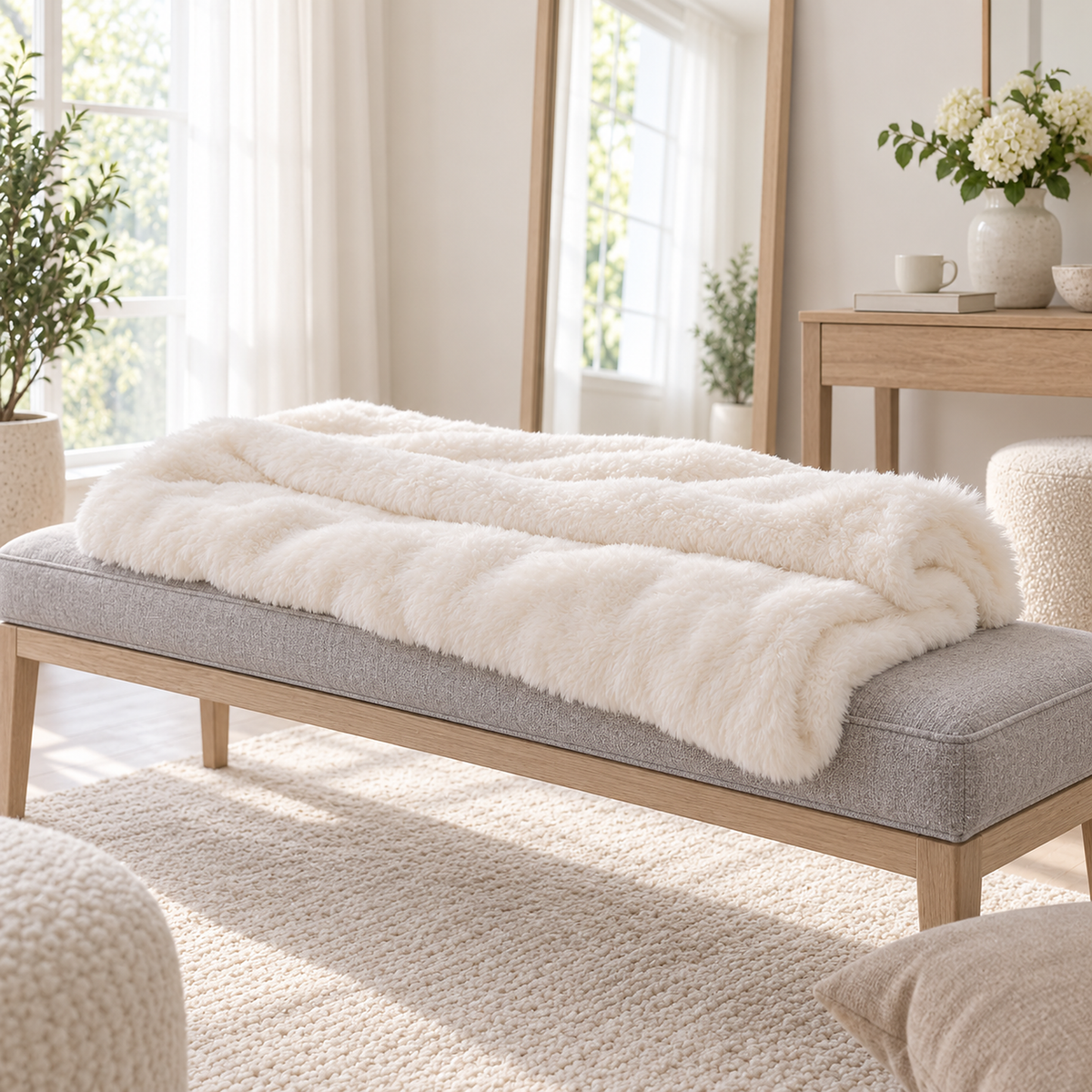 Navorel white faux fur throw blanket in loose folds on a bench showing its thickness