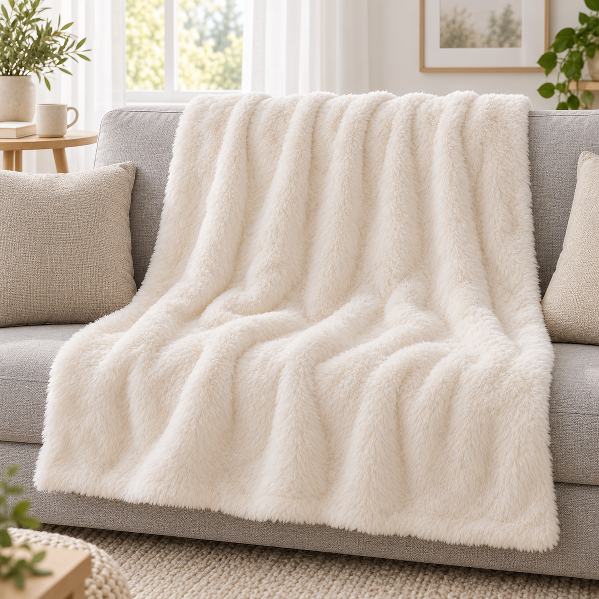 Navorel white faux fur throw blanket draped over a light gray sofa back beside neutral cushions