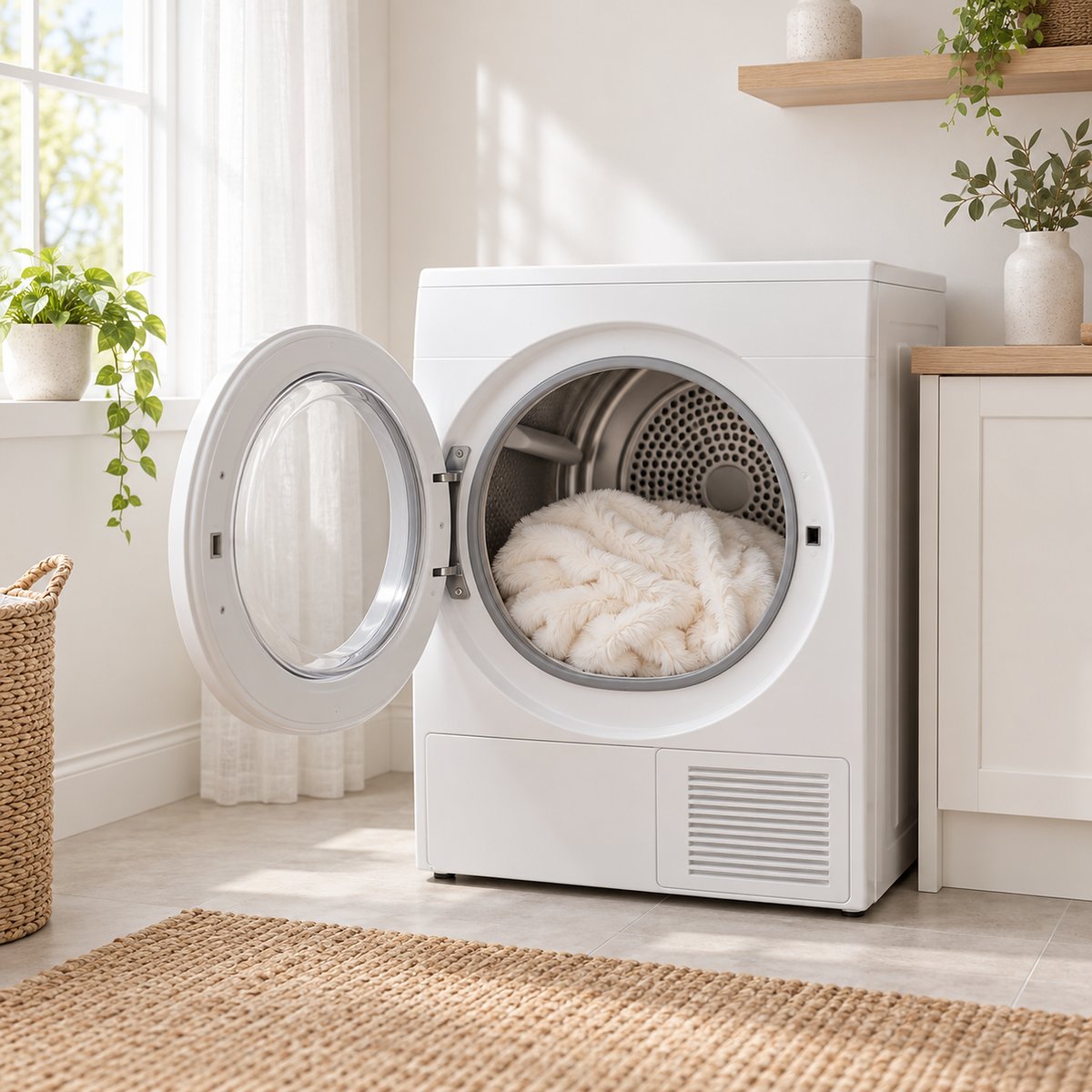 Navorel white faux fur throw blanket resting in an open tumble dryer, ready to tumble dry on low