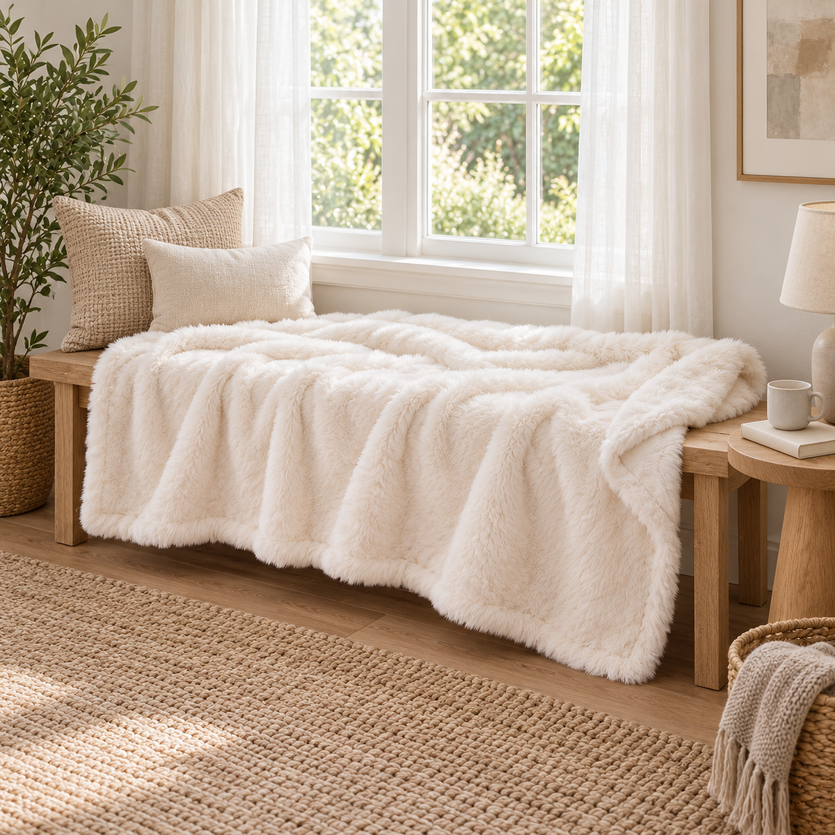 Navorel white throw blanket spread open on a wooden bench in a bright entry nook