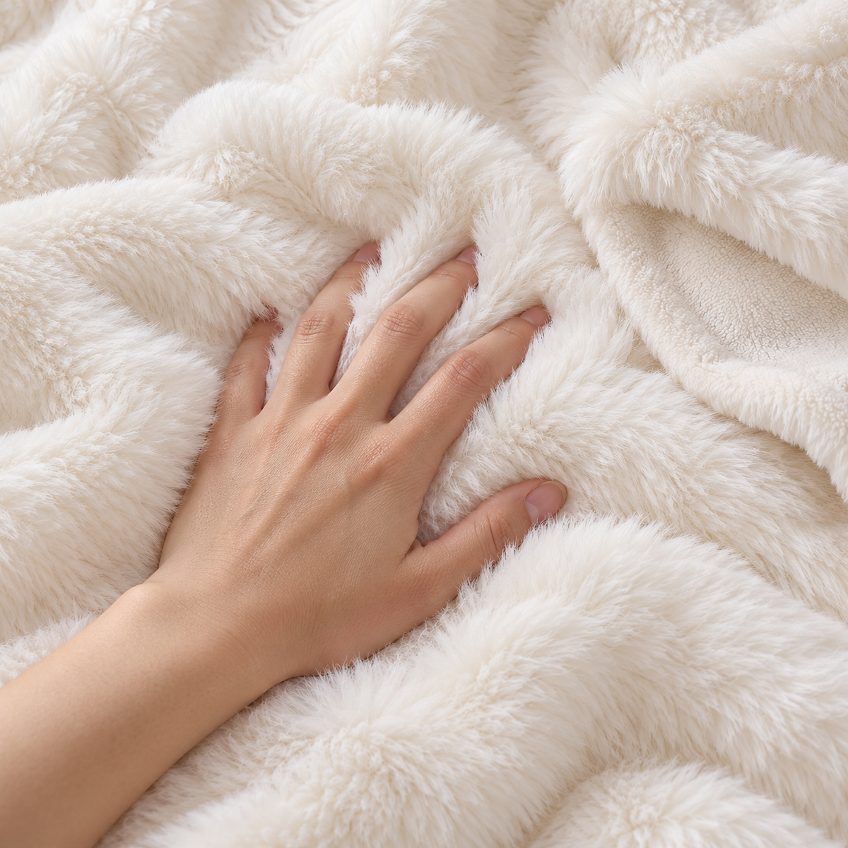 Navorel white faux fur throw blanket with a hand gently pressing into the long shaggy pile