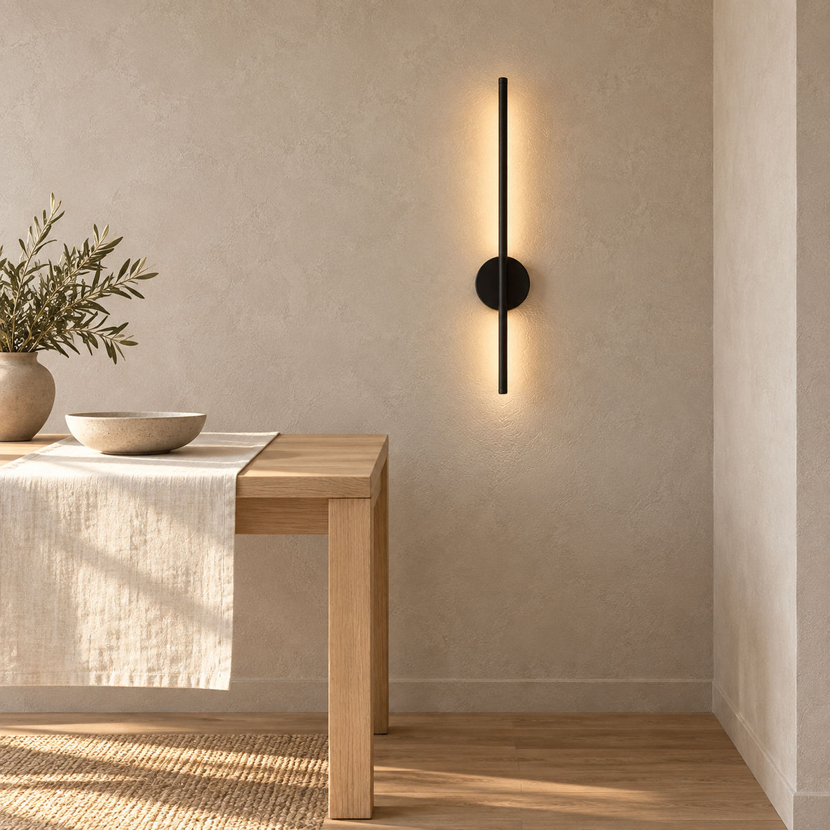 Nedrila black battery operated wall sconce lit beside a dining table in late afternoon